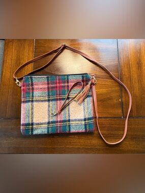 Plaid Crossbody Wristlet Bag with Brown Leather Strap